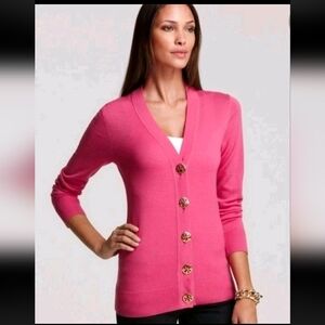 Tory Burch Womens Simone Cardigan 100% Cotton Size Large Fusha Gold Button Luxe